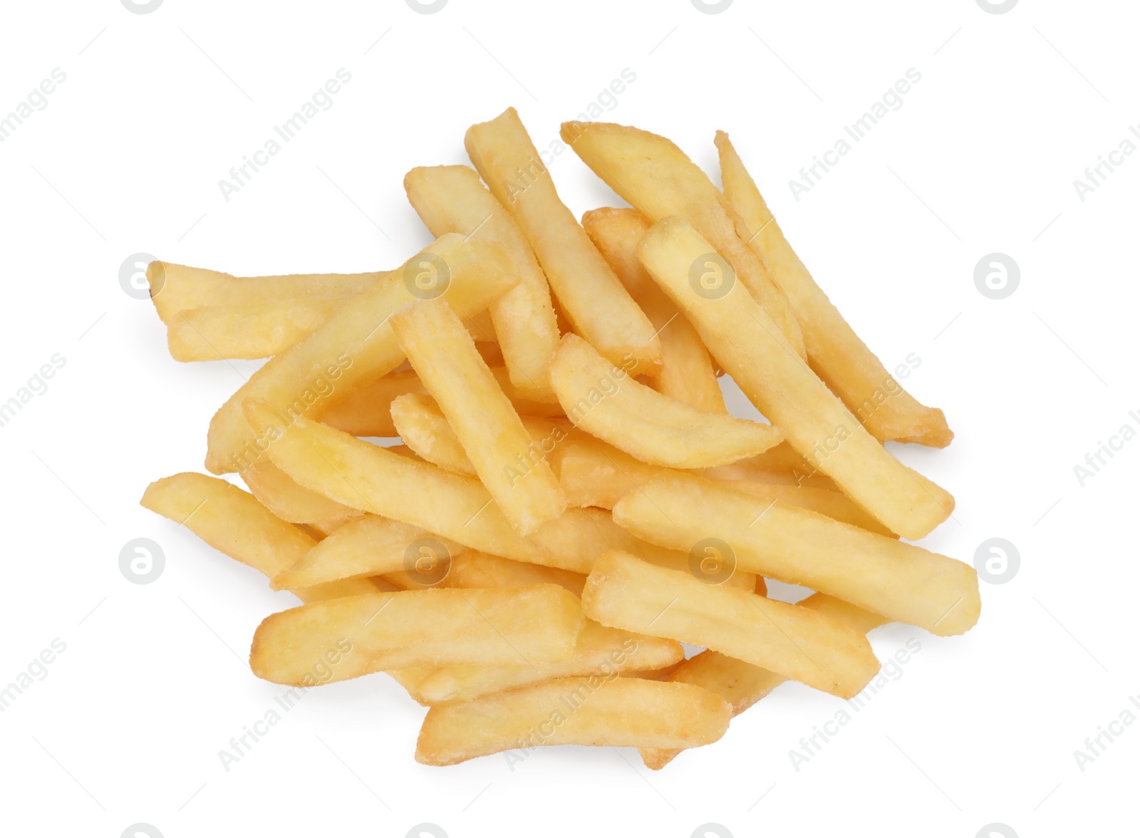 Photo of Delicious fresh french fries on white background, top view