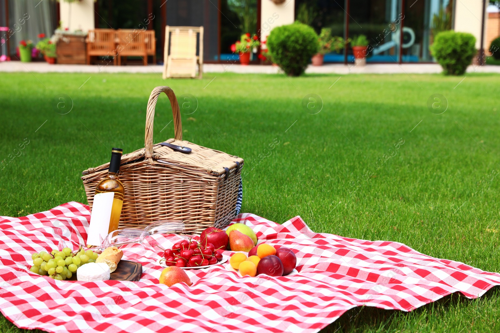 Photo of Picnic basket with products and bottle of wine on checkered blanket in garden