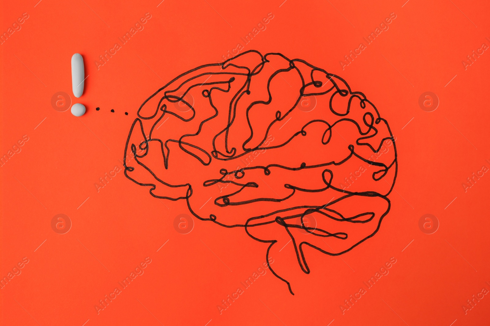 Photo of Drawn brain and white exclamation mark as solution idea on red background, flat lay