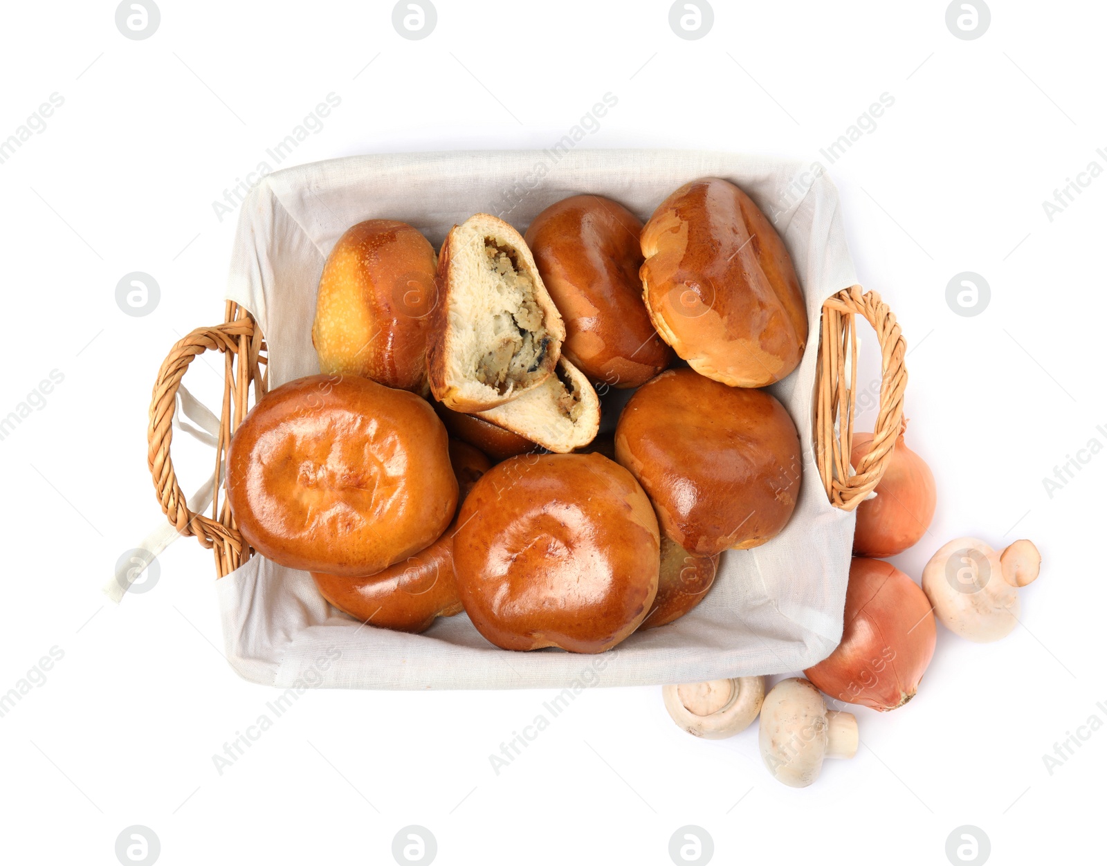 Photo of Delicious baked pirozhki, mushrooms and onion on white background, top view