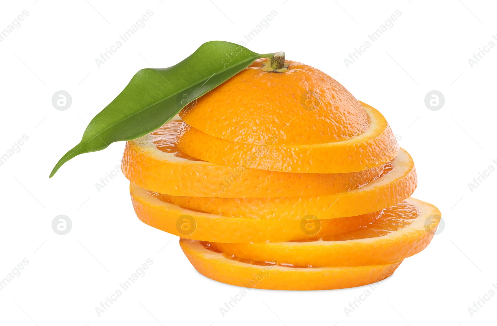 Photo of Slices of juicy orange and leaf isolated on white