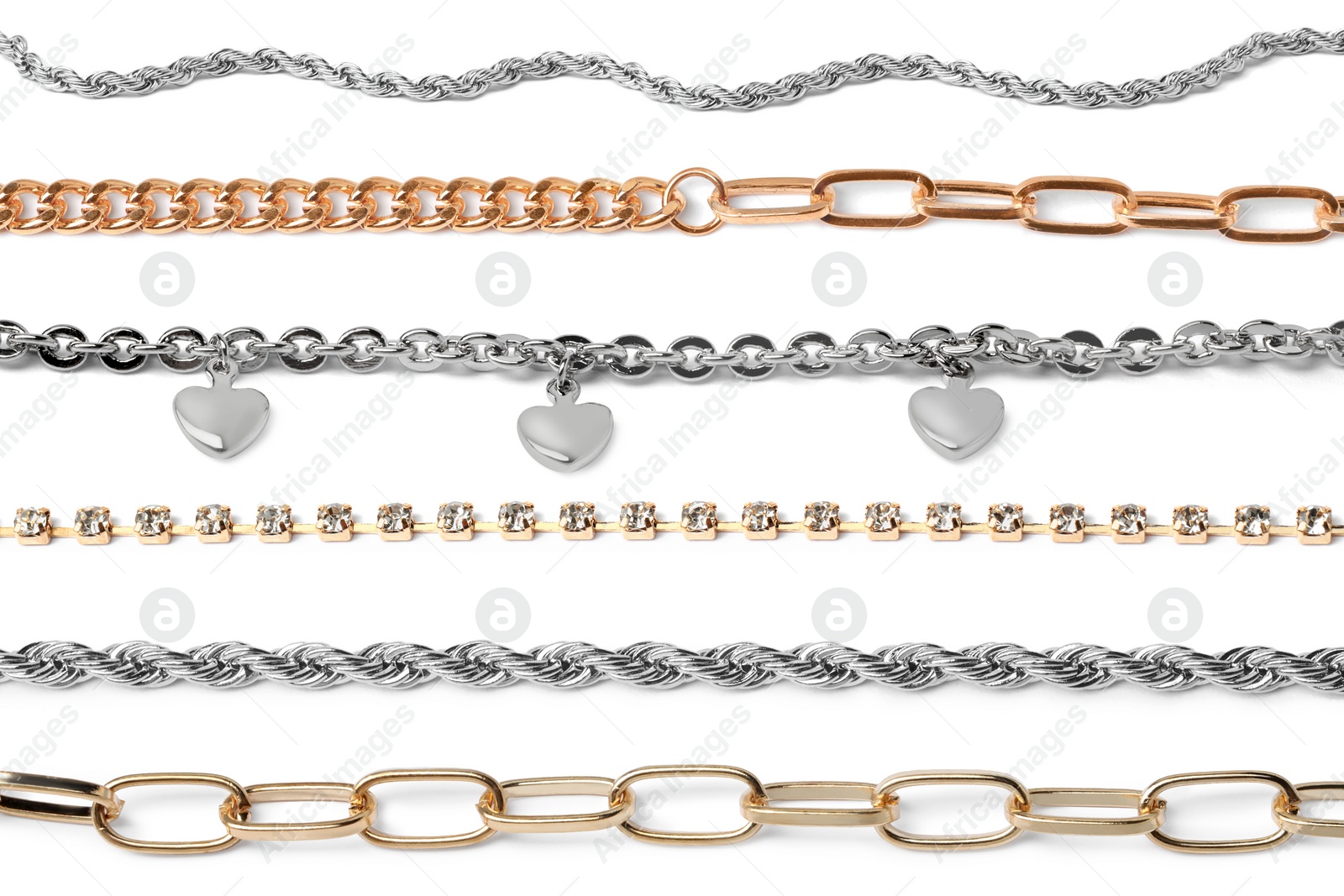 Image of Set of different jewellery chains isolated on white