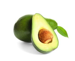 Photo of Ripe fresh avocados on white background