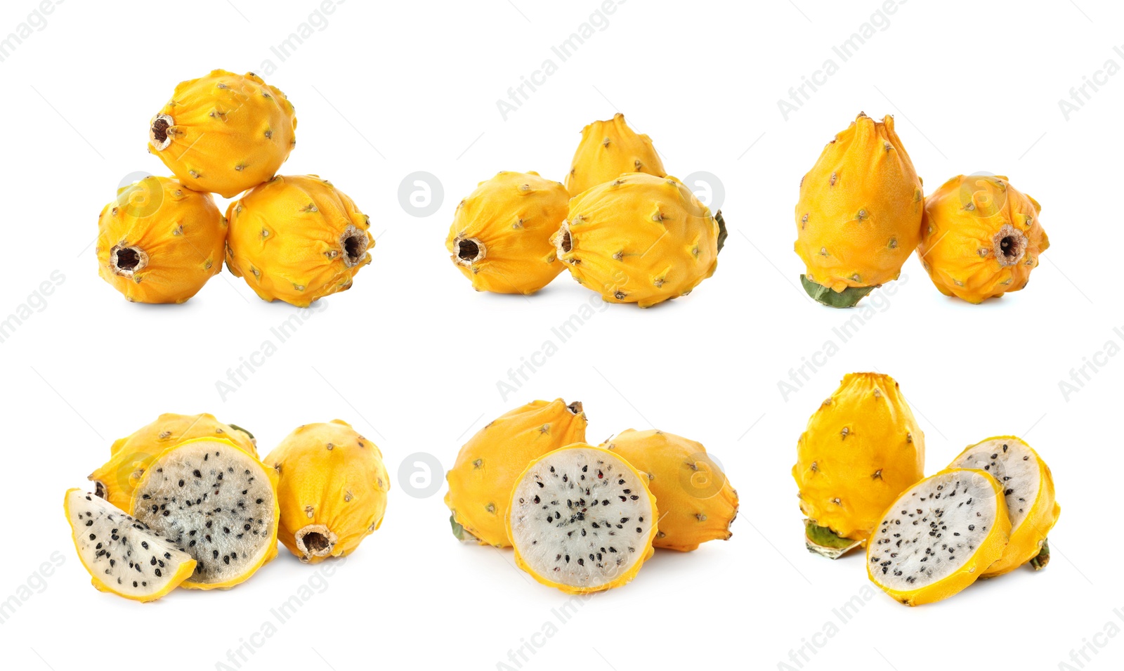 Image of Set with delicious yellow dragon fruits (pitahaya) on white background 