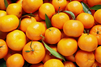 Photo of Fresh ripe tangerines with leaves as background, top view. Citrus fruit