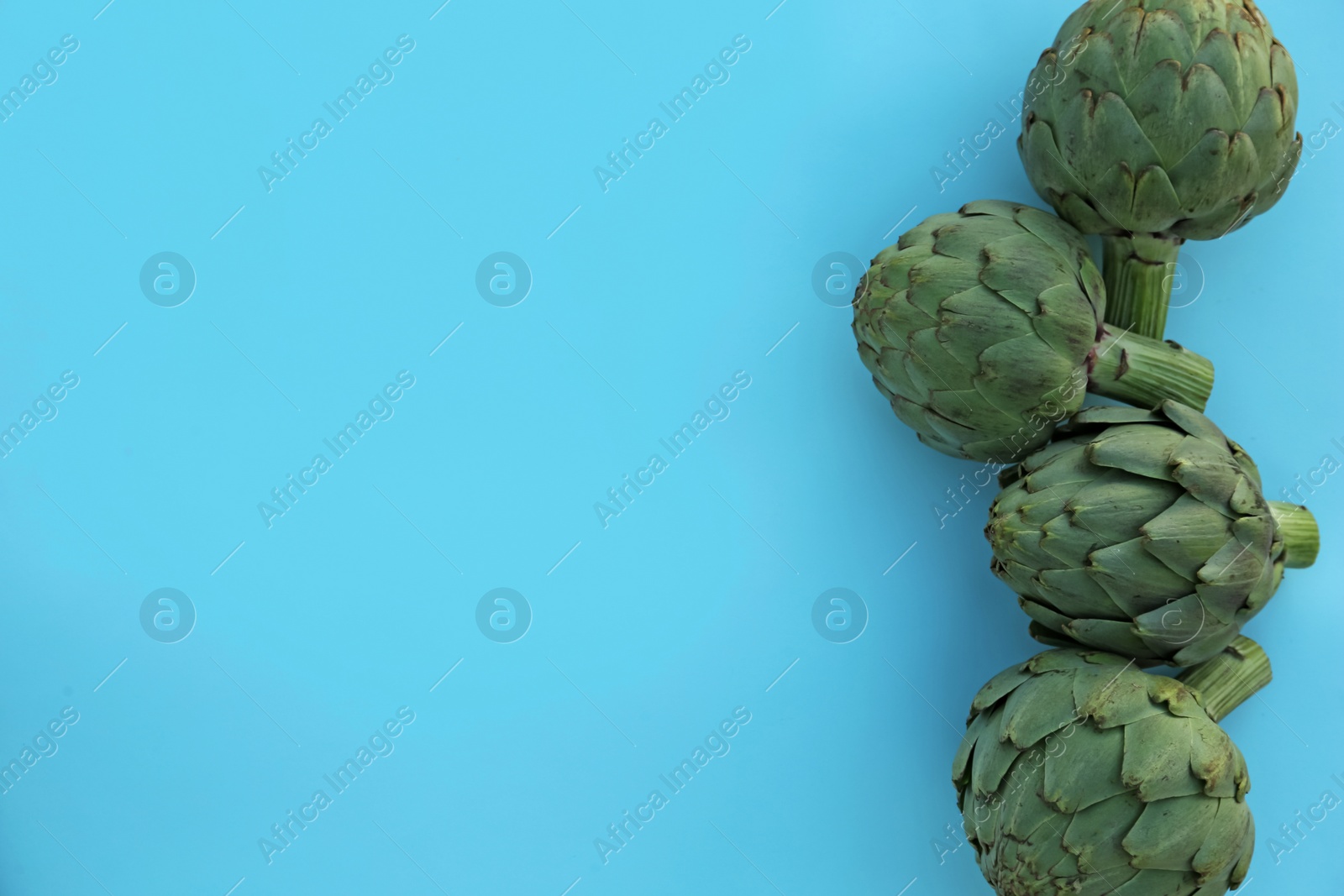 Photo of Whole fresh raw artichokes on light blue background, flat lay. Space for text