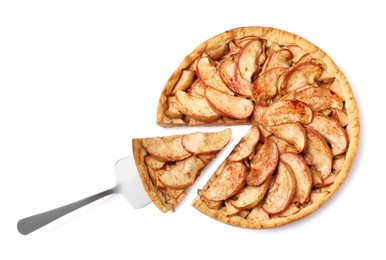 Sliced delicious apple pie and spatula on white background, top view