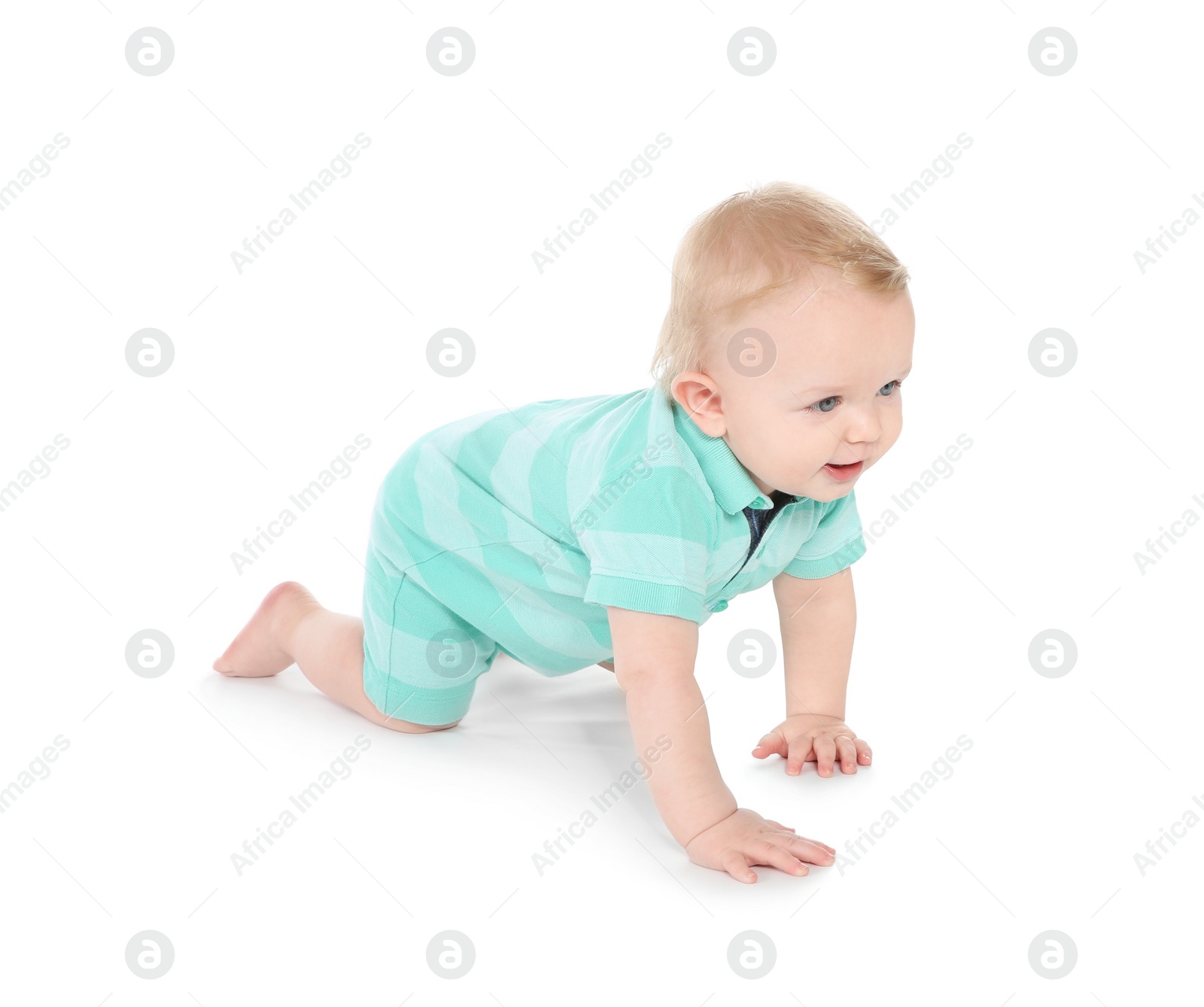 Photo of Cute little baby crawling on white background