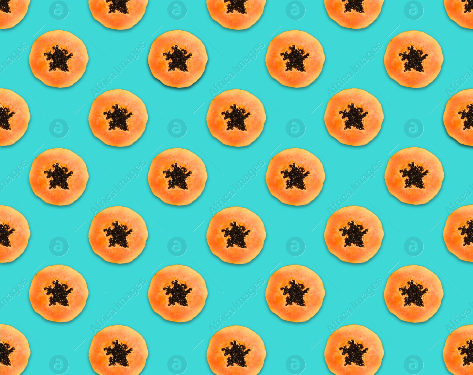 Image of Pattern of papaya slices on turquoise background