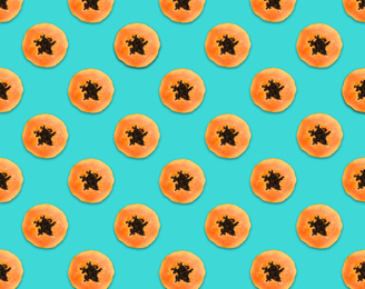 Image of Pattern of papaya slices on turquoise background