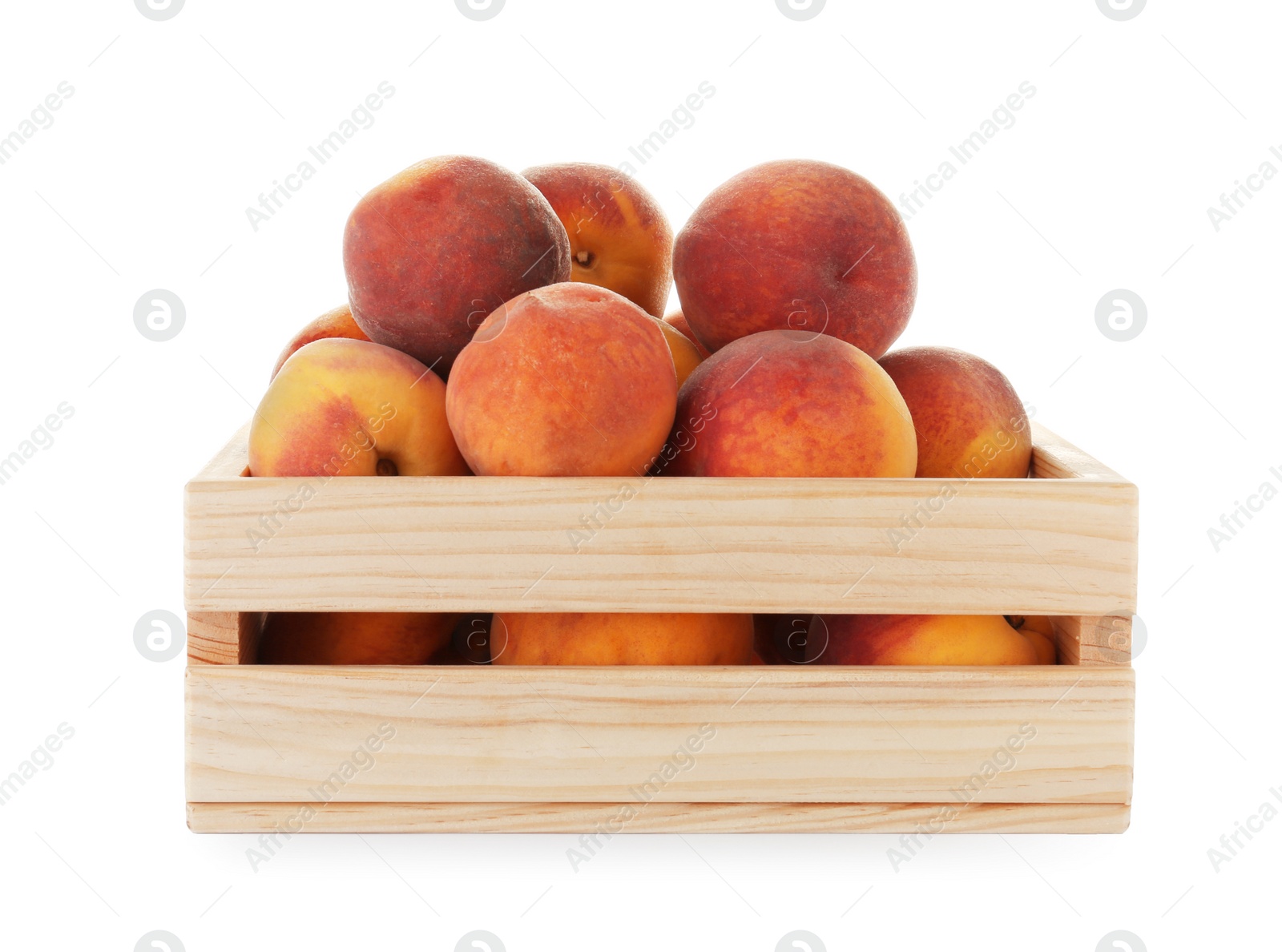 Photo of Crate with fresh sweet peaches on white background