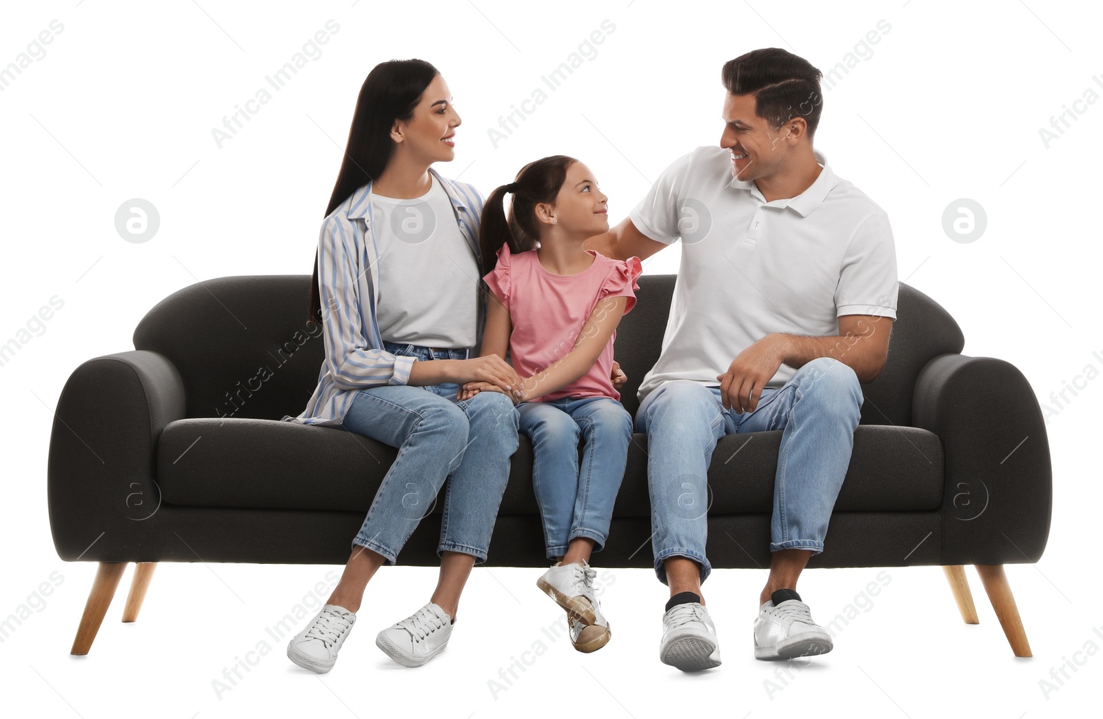 Photo of Happy family resting on comfortable grey sofa against white background