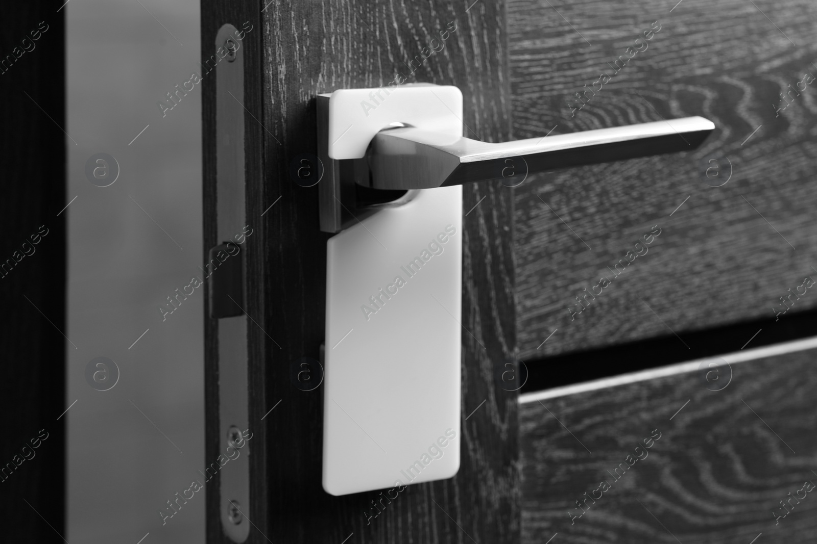 Photo of Wooden door with blank hanger on metal handle, closeup