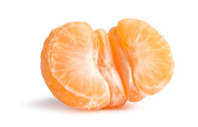 Photo of Half of peeled ripe tangerine on white background