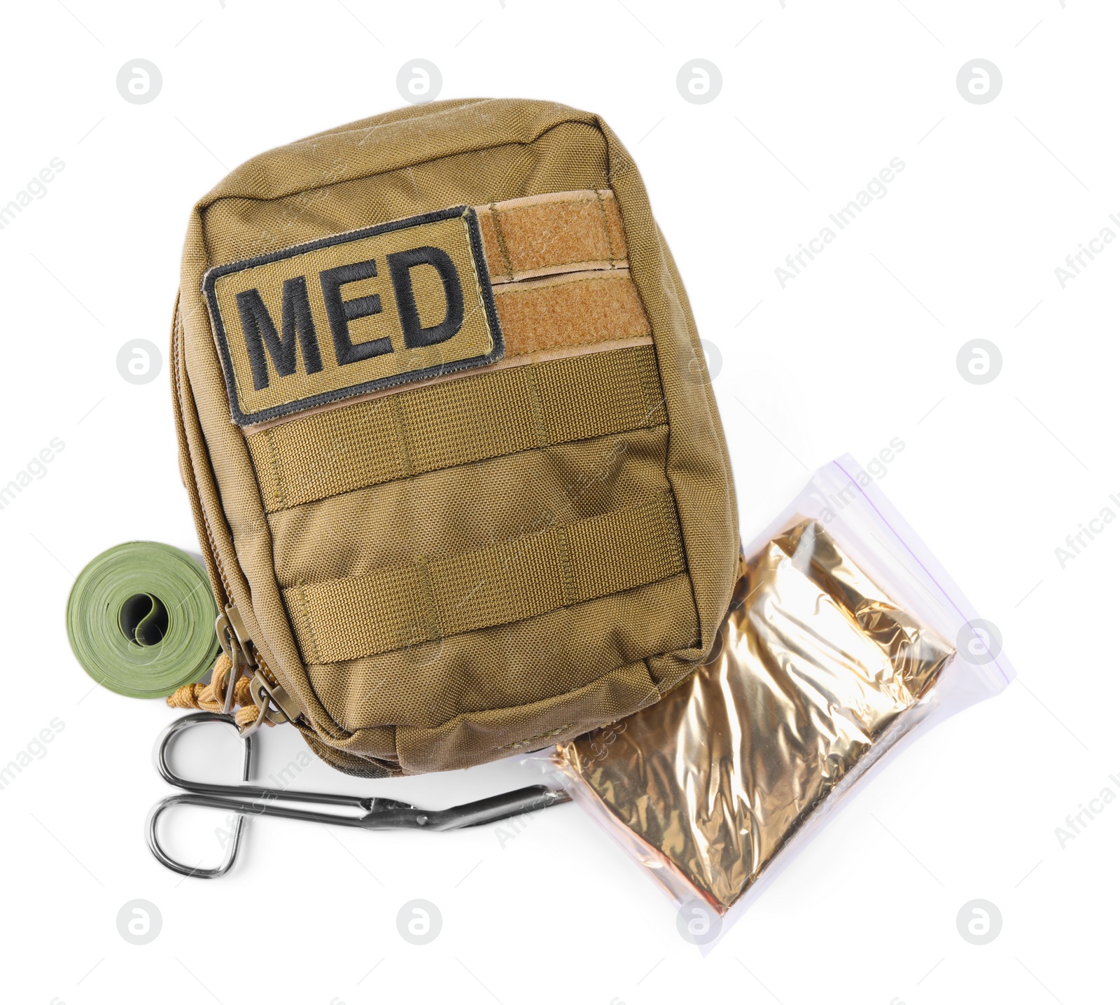 Photo of Military first aid kit on white background, top view