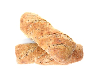Photo of Tasty mini baguettes isolated on white, top view. Fresh bread