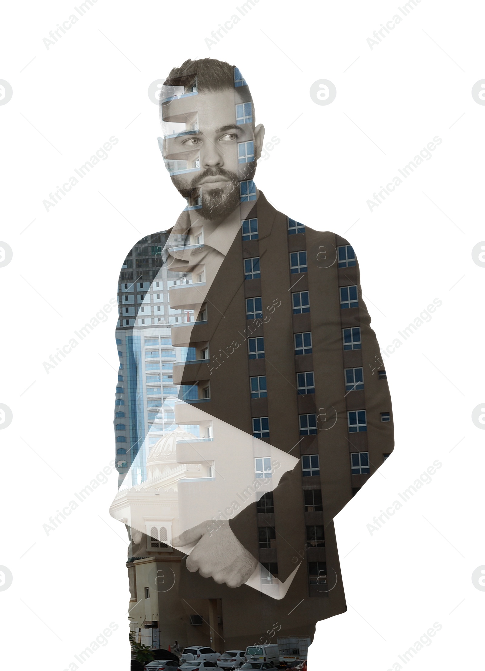 Image of Double exposure of businessman and office buildings