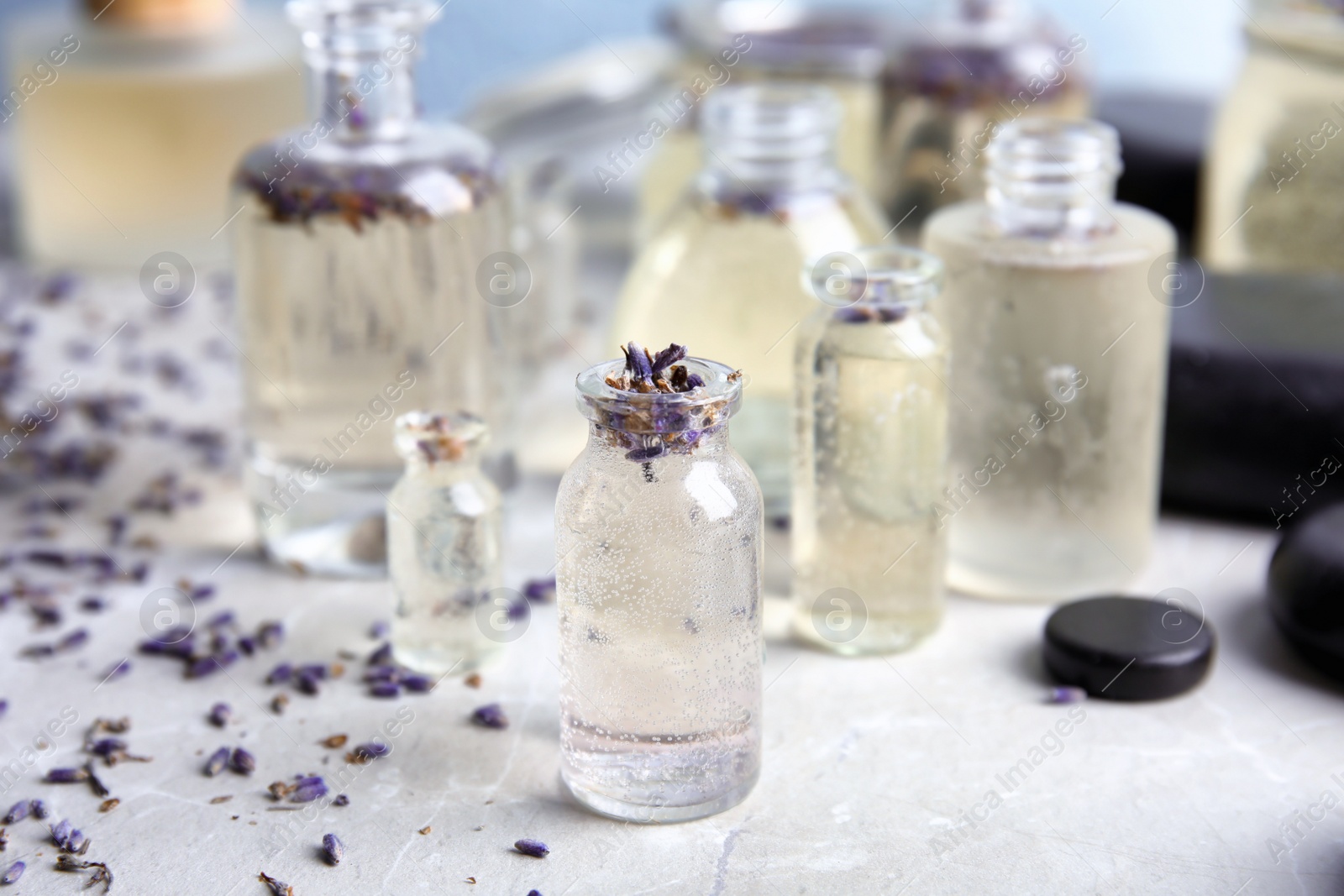 Photo of Bottles with natural herbal oil and lavender flowers on color table, closeup