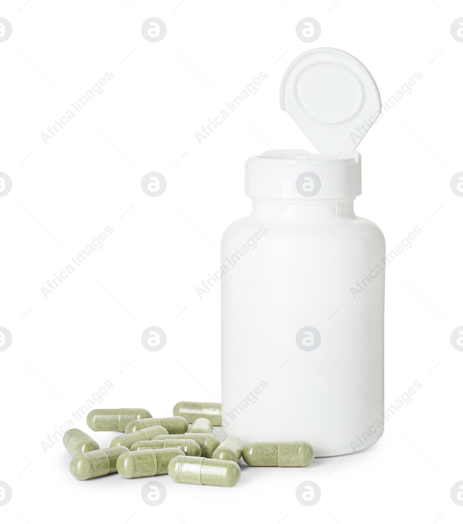 Photo of Bottle and pile of vitamin pills isolated on white