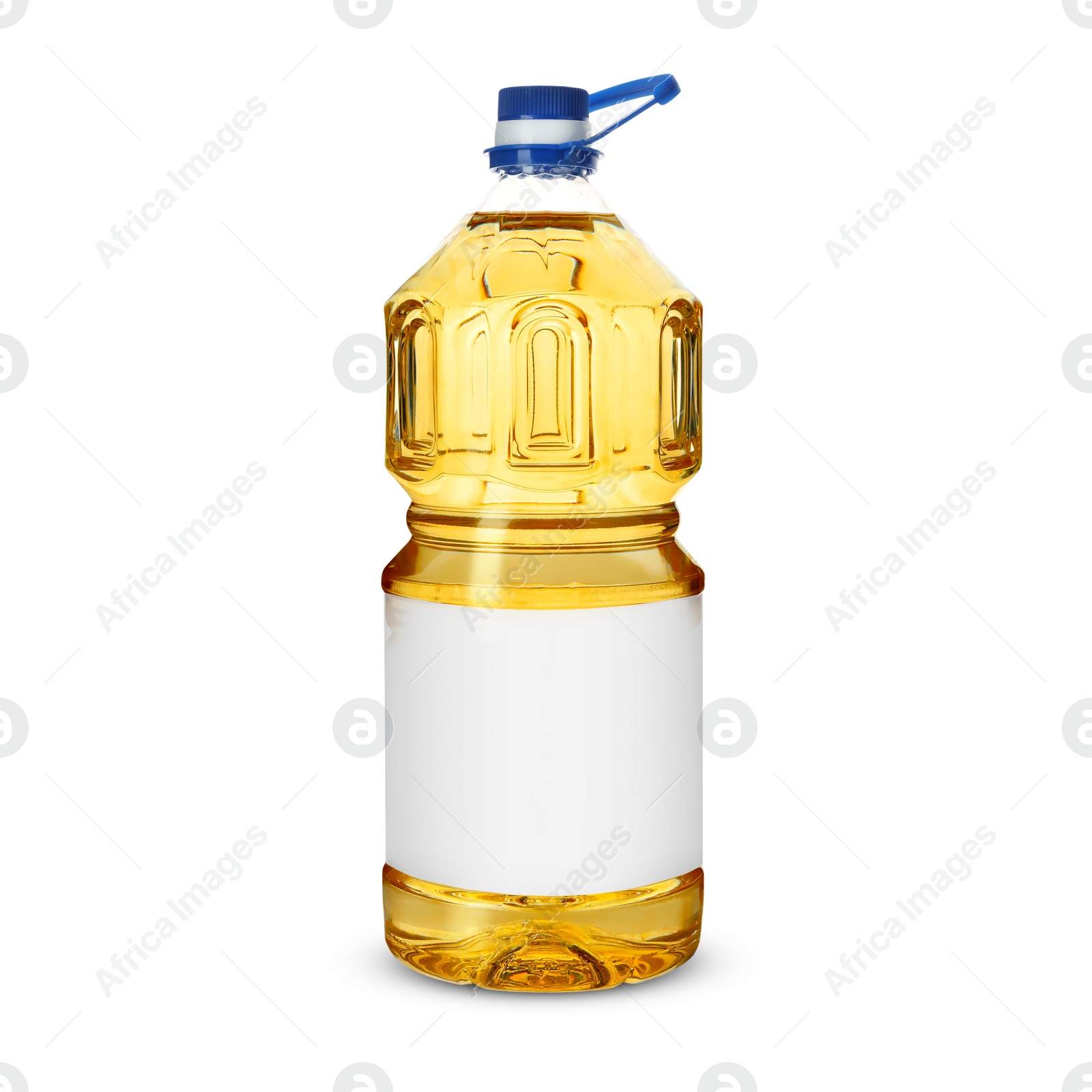 Image of Cooking oil in plastic bottle with empty label isolated on white. Mockup for design