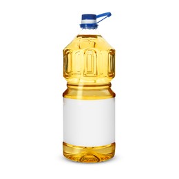 Cooking oil in plastic bottle with empty label isolated on white. Mockup for design