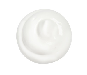 Photo of Sample of creamy yogurt on white background