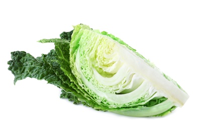 Photo of Piece of fresh green savoy cabbage on white background