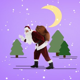 Image of Creative Christmas collage. Santa Claus with bag walking in forest under crescent moon