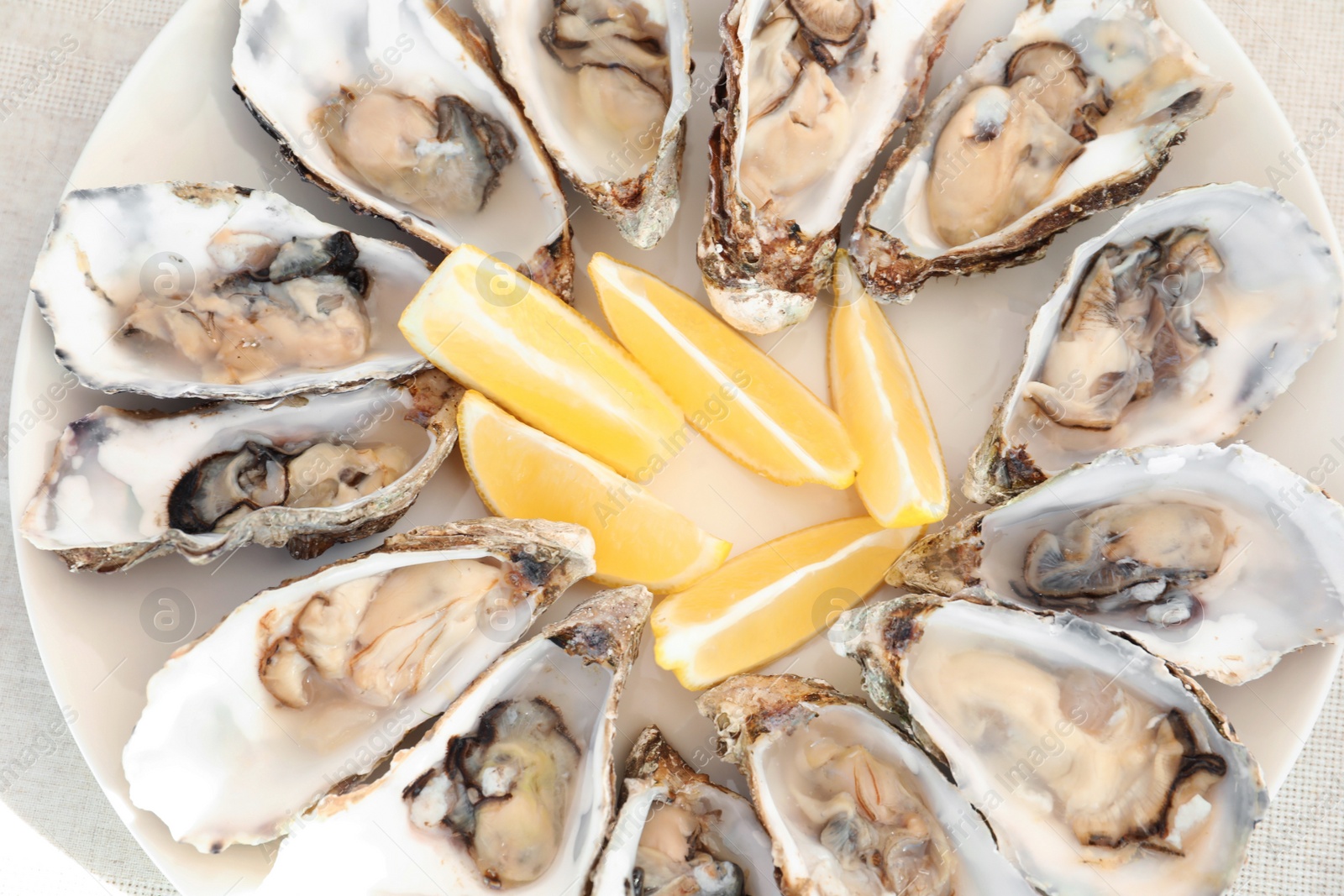 Photo of Fresh oysters and cut juicy lemon on plate, top view