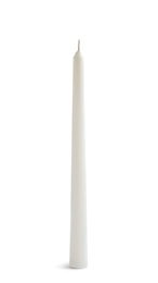 Photo of New thin wax candle on white background