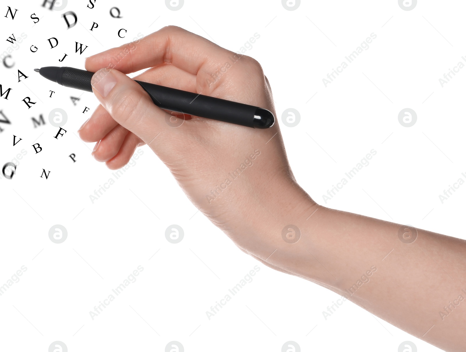 Image of Woman writing letters and they flying away on white background, closeup