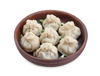 Tasty fresh khinkali (dumplings) with onion isolated on white. Georgian cuisine