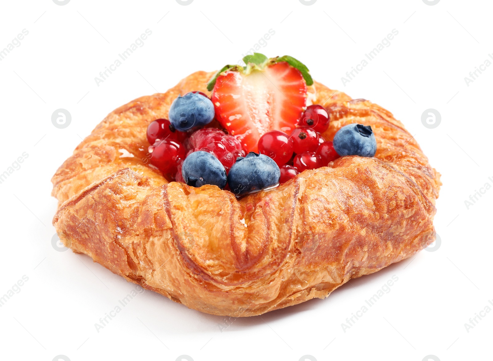 Photo of Fresh delicious puff pastry with sweet berries on white background