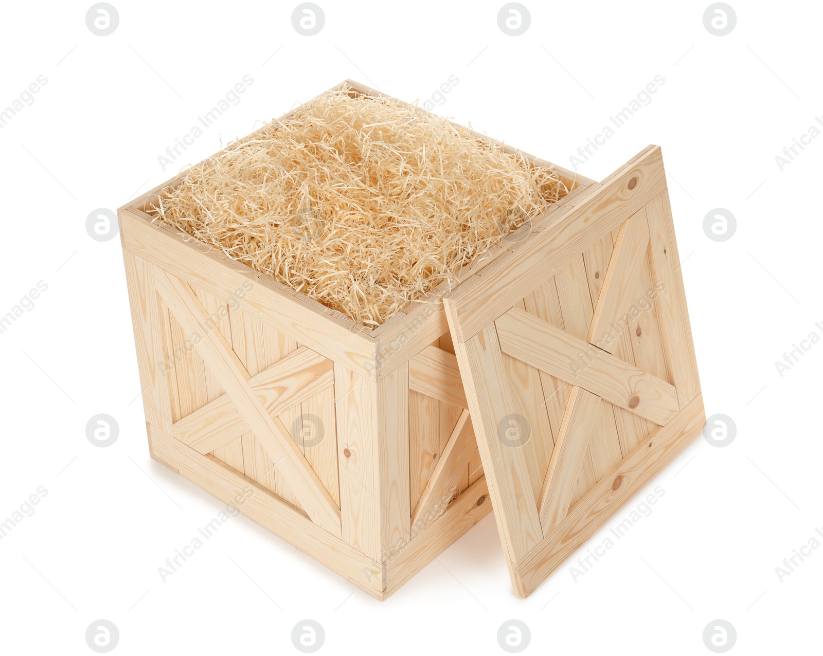 Photo of Wooden crate with filler isolated on white