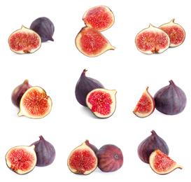 Image of Set of cut and whole figs on white background