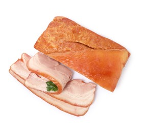 Photo of Delicious smoked bacon with parsley on white background, top view