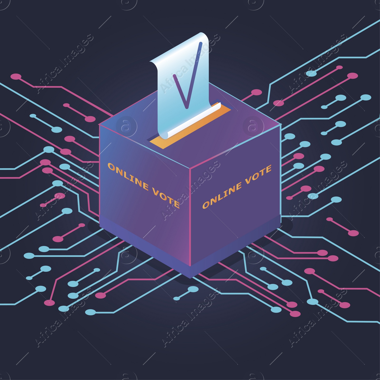 Illustration of  box with ballot on dark background. Online voting