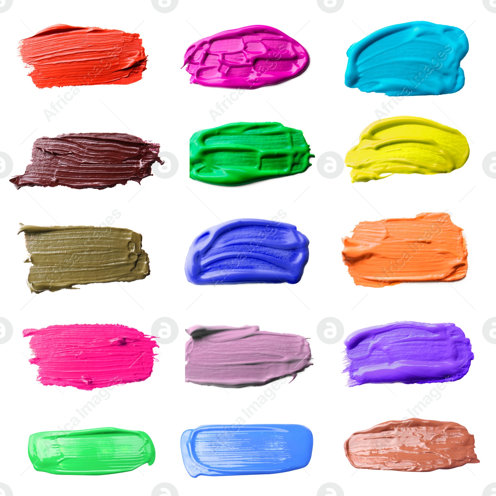 Image of Paint strokes of different colors on white background, top view