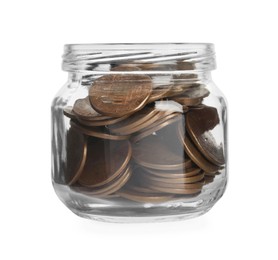 Photo of Glass jar with coins isolated on white