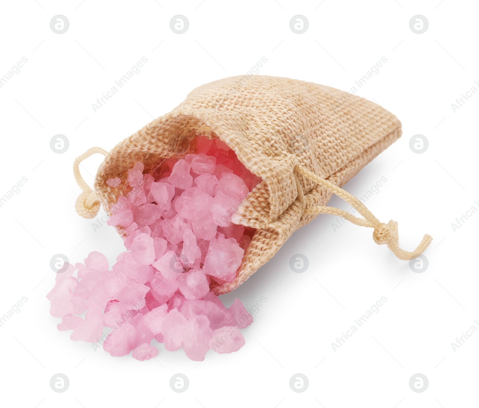 Photo of Overturned sack with pink sea salt isolated on white