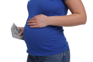 Photo of Surrogate mother. Pregnant woman with dollar banknotes on white background, closeup