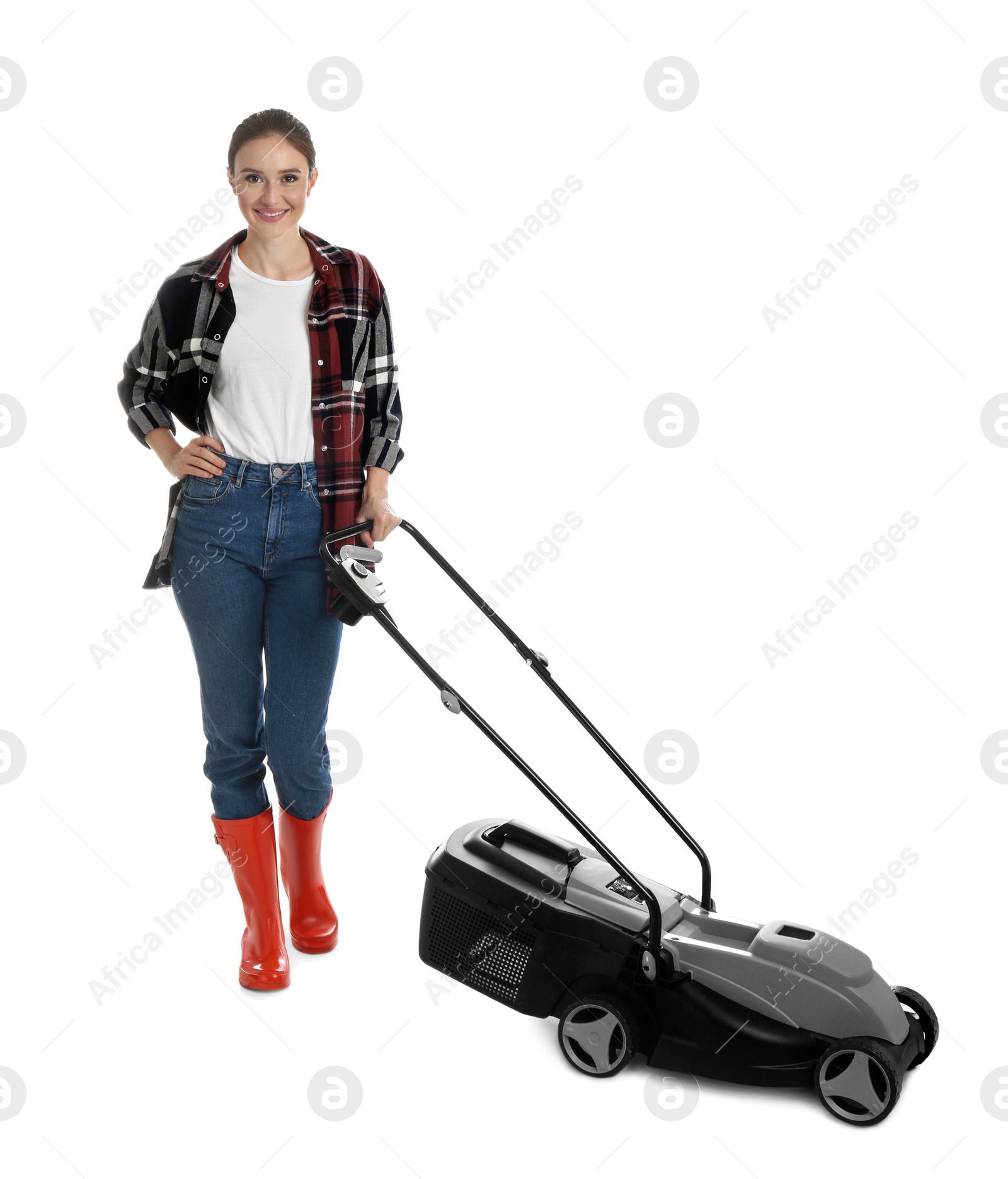 Photo of Young woman with modern lawn mower on white background