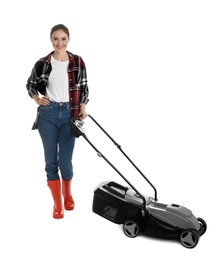 Photo of Young woman with modern lawn mower on white background