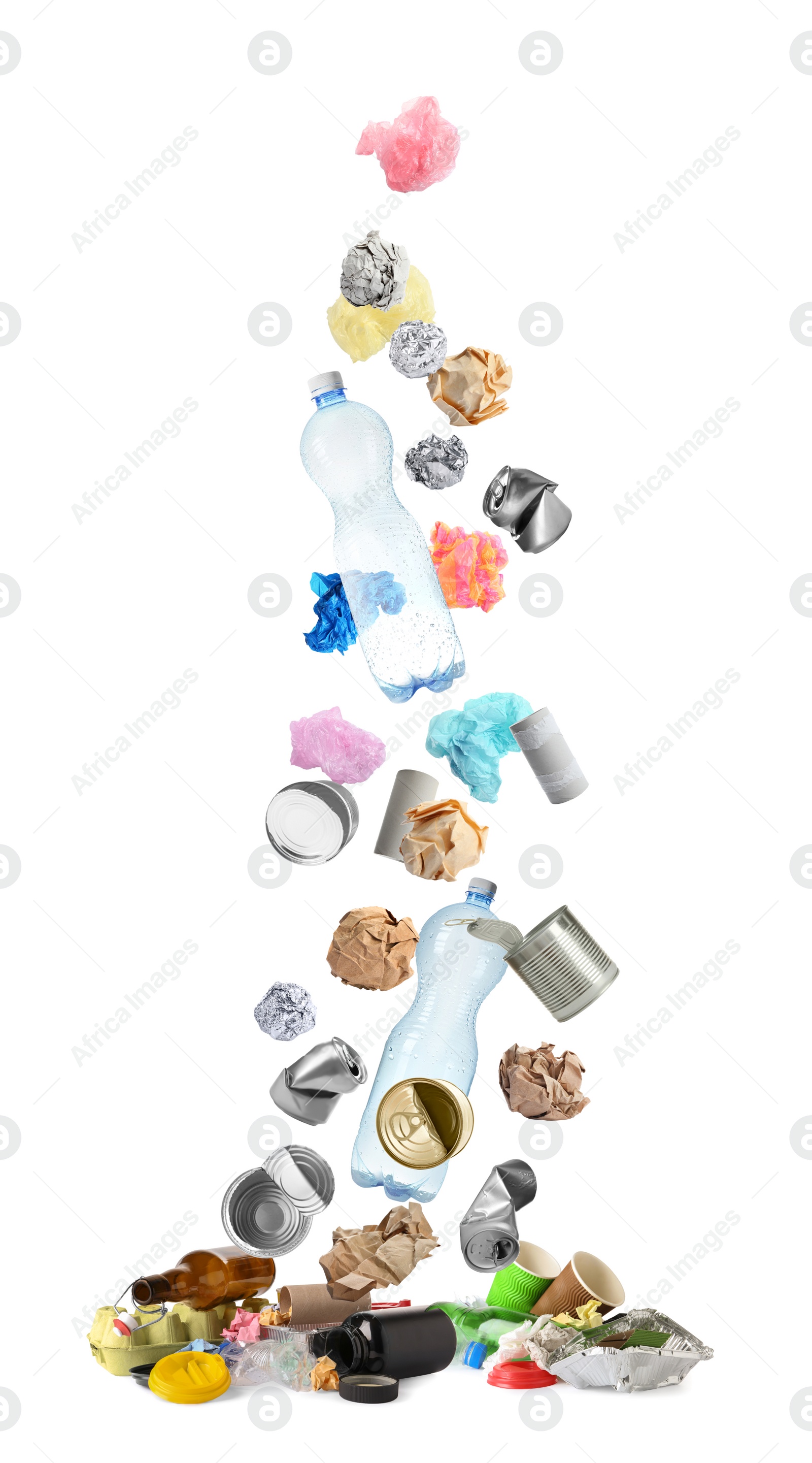 Image of Different garbage falling into pile on white background. Waste management and recycling