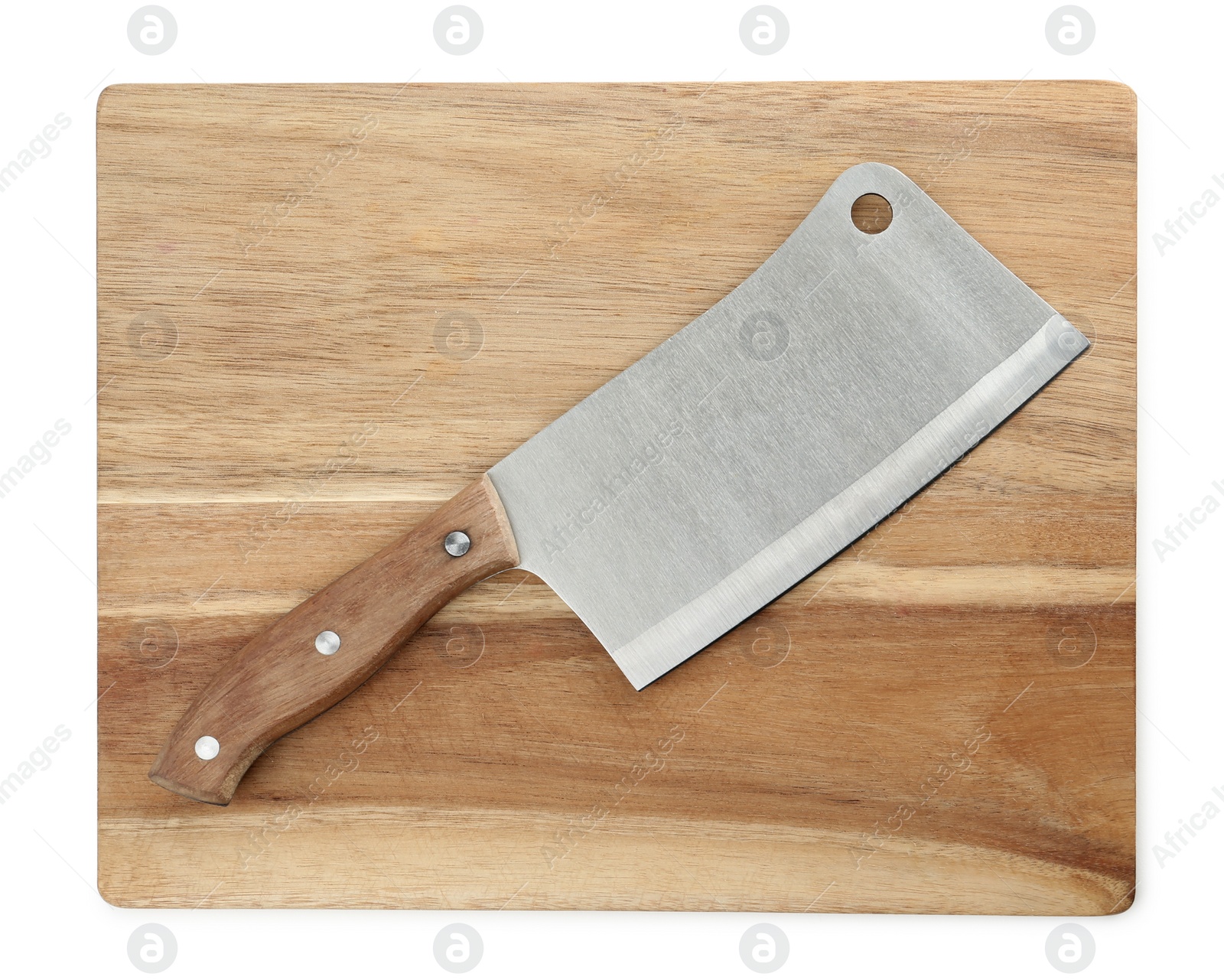 Photo of Large sharp cleaver knife with wooden board isolated on white, top view