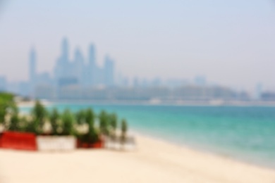 Blurred view of tropical resort on sunny day