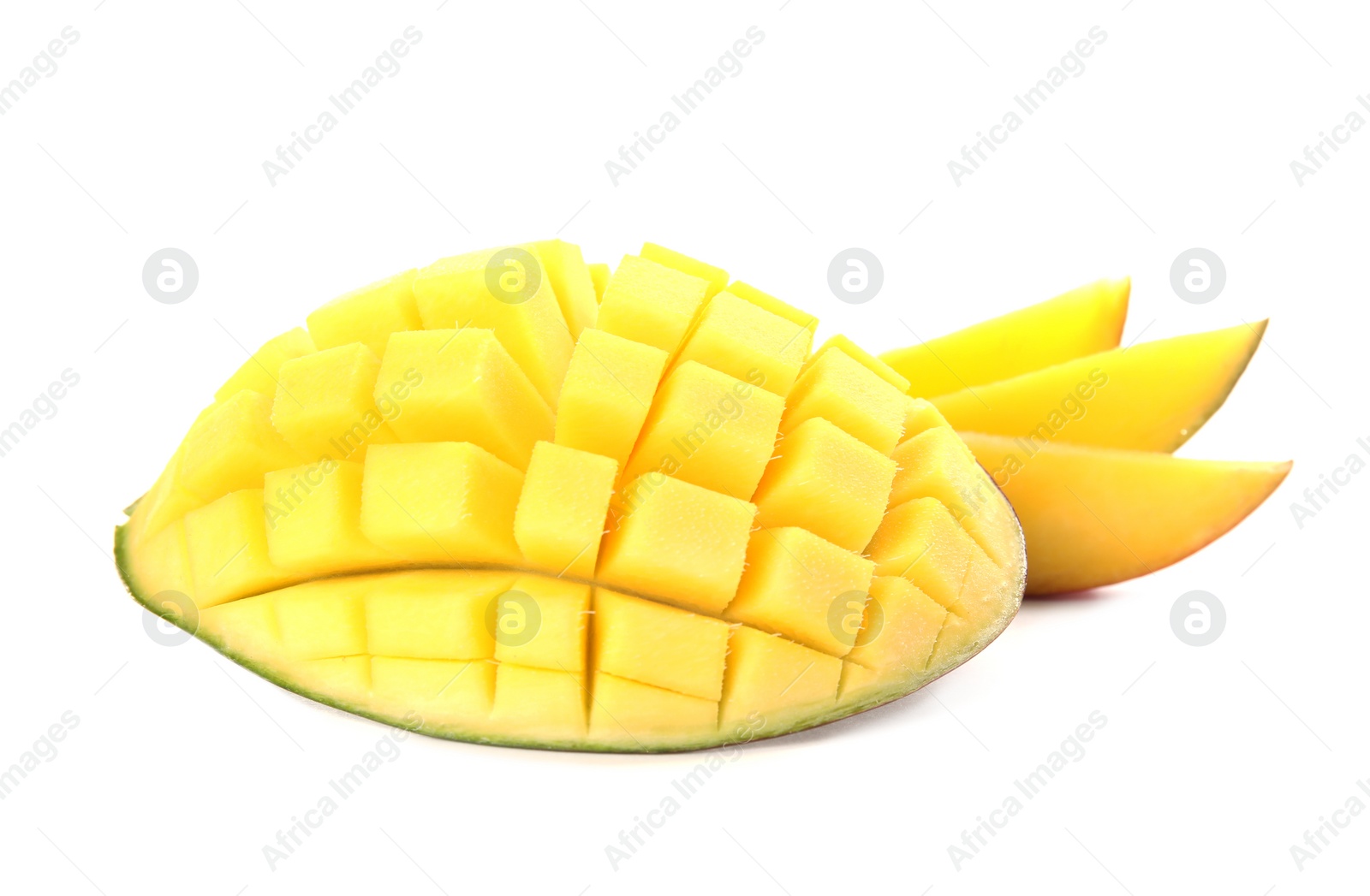 Photo of Cut ripe mango on white background. Tropical fruit