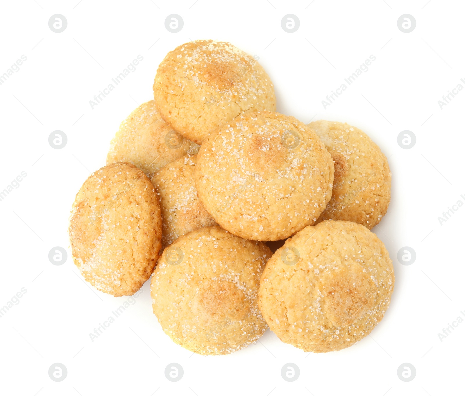 Photo of Tasty sweet sugar cookies isolated on white, top view