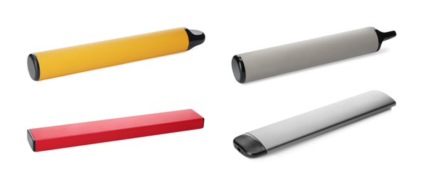 Set with different electronic smoking devices on white background. Banner design