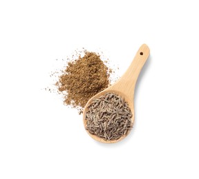 Heap of aromatic caraway (Persian cumin) powder and wooden spoon of seeds isolated on white, top view